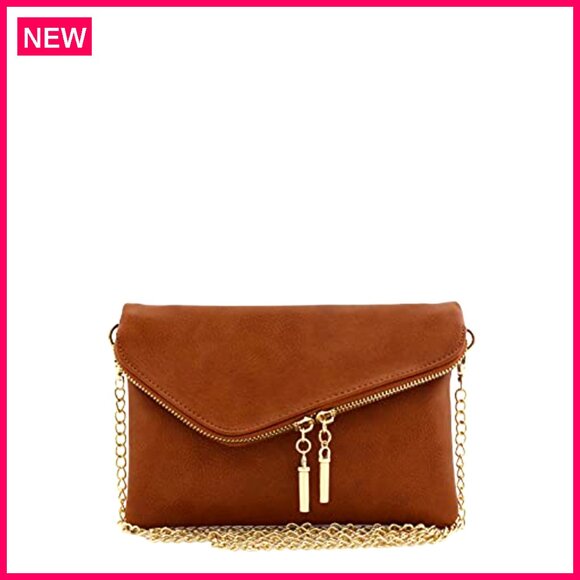Faux Leather Clutch Crossbody Bag with Detachable Chain Strap, 9x6 Inches